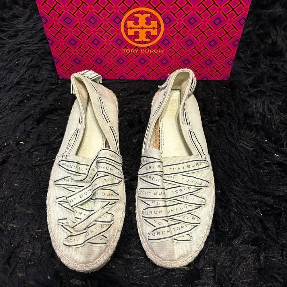 TORY BURCH TB Tory ribbon espadrille flats slip on shoes women’s 8.5 Preowned